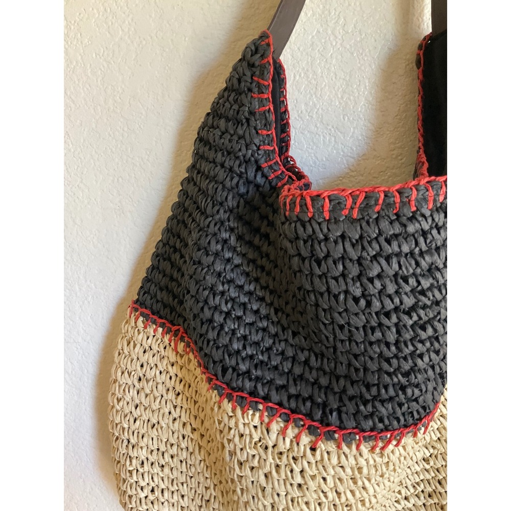 Sonoma Goods For Life Woven Straw Hobo Bag Black Tan Colorblock Red Whipstitch - Picture 2 of 9